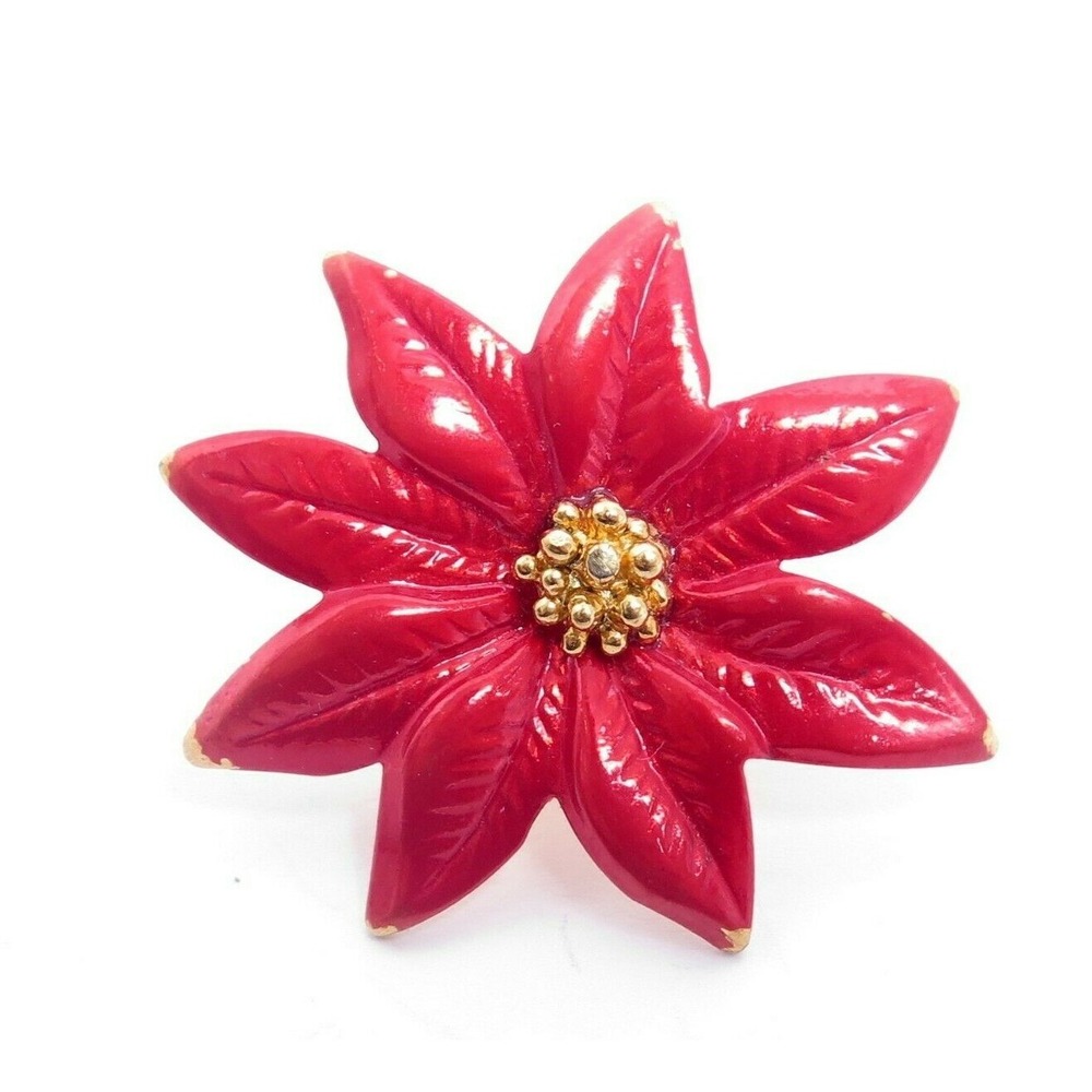 VINTAGE CHRISTMAS GOLD PLATED HOLIDAY‎ RED ENAMEL POINSETTIA FLOWER PIN* XMAS